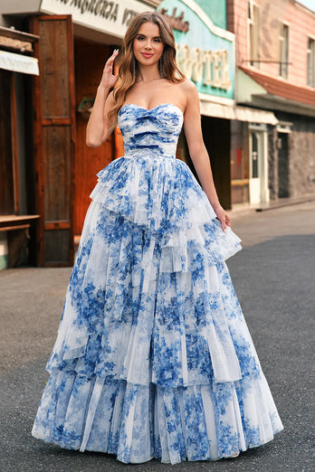 White Blue Flower A-Line Swetheart Tiered Long Prom Dress with Bows