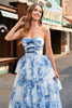 Load image into Gallery viewer, White Blue Flower A-Line Swetheart Tiered Long Prom Dress with Bows