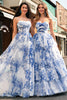 Load image into Gallery viewer, White Blue Flower A-Line Swetheart Tiered Long Prom Dress with Bows