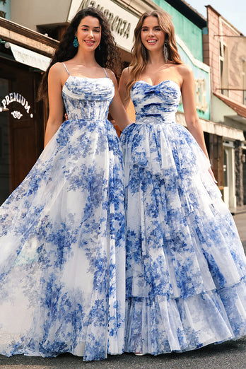 White Blue Flower A-Line Swetheart Tiered Long Prom Dress with Bows