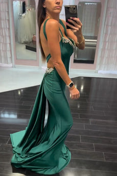 Sparkly Dark Green Corset Long Satin Prom Dress