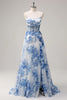 Load image into Gallery viewer, A-Line Spaghetti Straps White Blue Flower Corset Long Prom Dress with Slit