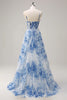 Load image into Gallery viewer, A-Line Spaghetti Straps White Blue Flower Corset Long Prom Dress with Slit