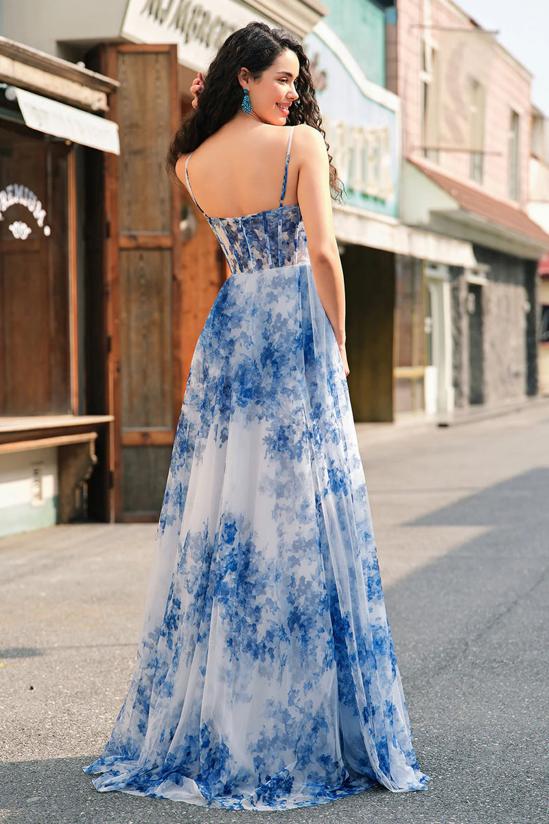 Load image into Gallery viewer, A-Line Spaghetti Straps White Blue Flower Corset Long Prom Dress with Slit