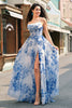 Load image into Gallery viewer, A-Line Spaghetti Straps White Blue Flower Corset Long Prom Dress with Slit