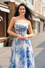 Load image into Gallery viewer, A-Line Spaghetti Straps White Blue Flower Corset Long Prom Dress with Slit