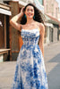 Load image into Gallery viewer, A-Line Spaghetti Straps White Blue Flower Corset Long Prom Dress with Slit