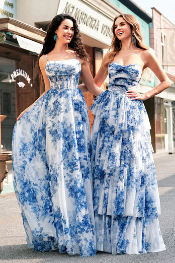 A-Line Spaghetti Straps White Blue Flower Corset Long Prom Dress with Slit