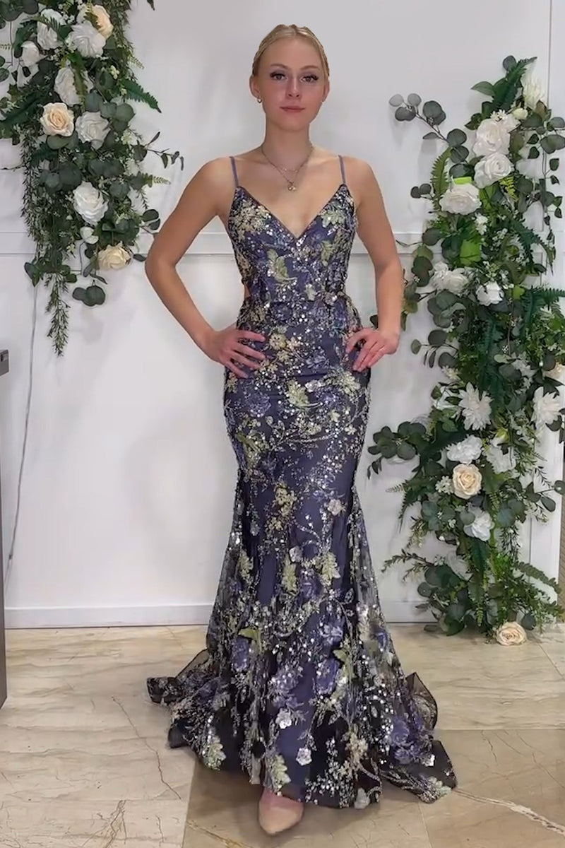 Load image into Gallery viewer, Sparkly Navy Embroidered Long Prom Dress with Lace Up