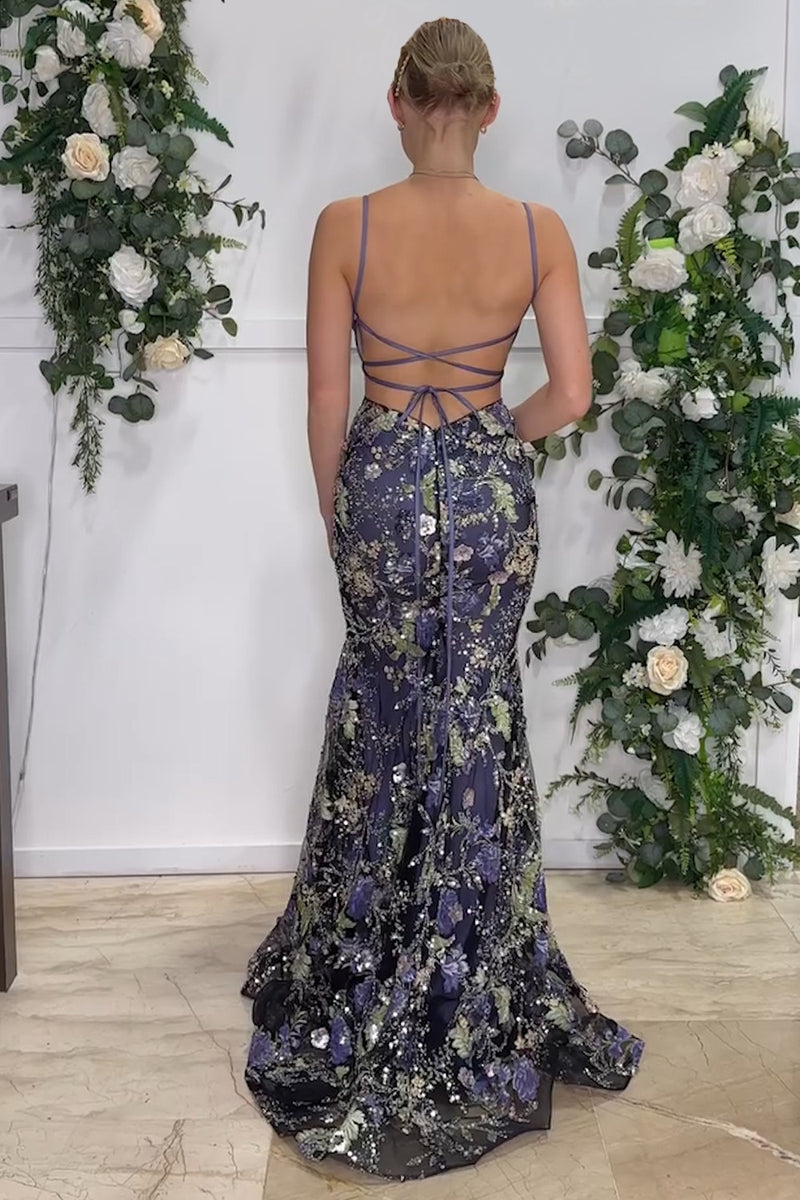 Load image into Gallery viewer, Sparkly Navy Embroidered Long Prom Dress with Lace Up