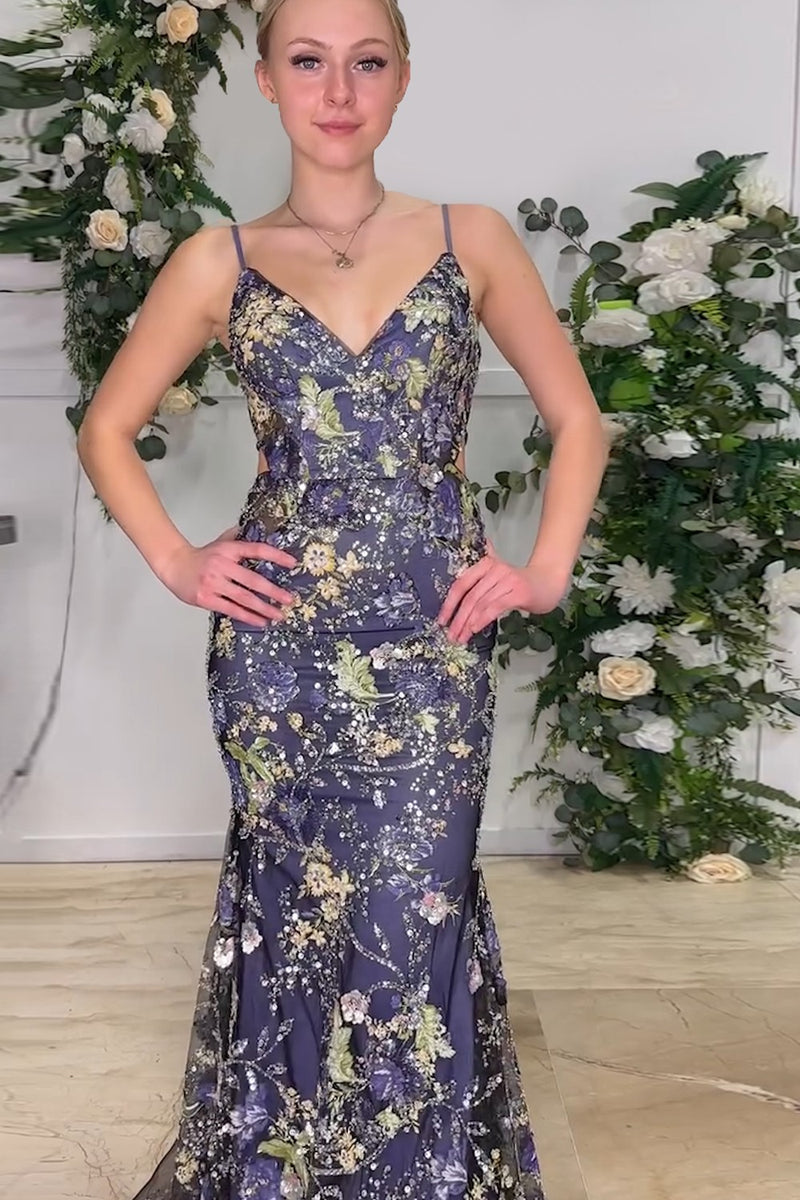 Load image into Gallery viewer, Sparkly Navy Embroidered Long Prom Dress with Lace Up