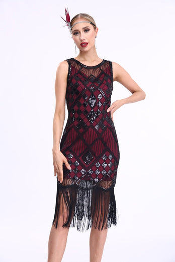 Black Sequined Round Neck Bodycon 1920s Dress with Fringes