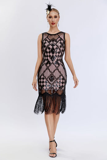 Black Sequined Round Neck Bodycon 1920s Dress with Fringes