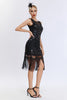 Load image into Gallery viewer, Black Sequined Round Neck Bodycon 1920s Dress with Fringes