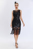 Load image into Gallery viewer, Black Sequined Round Neck Bodycon 1920s Dress with Fringes