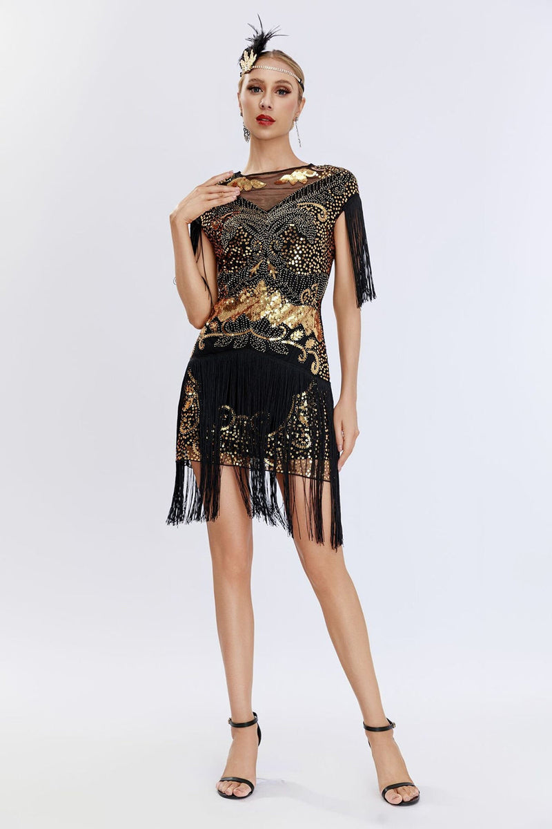 Load image into Gallery viewer, Round Neck Grey Sequined Short 1920s Flapper Dress with Fringes