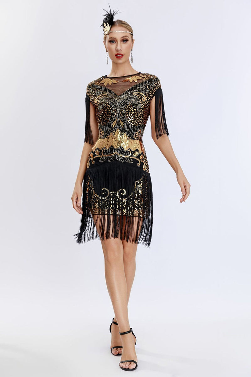 Load image into Gallery viewer, Round Neck Grey Sequined Short 1920s Flapper Dress with Fringes