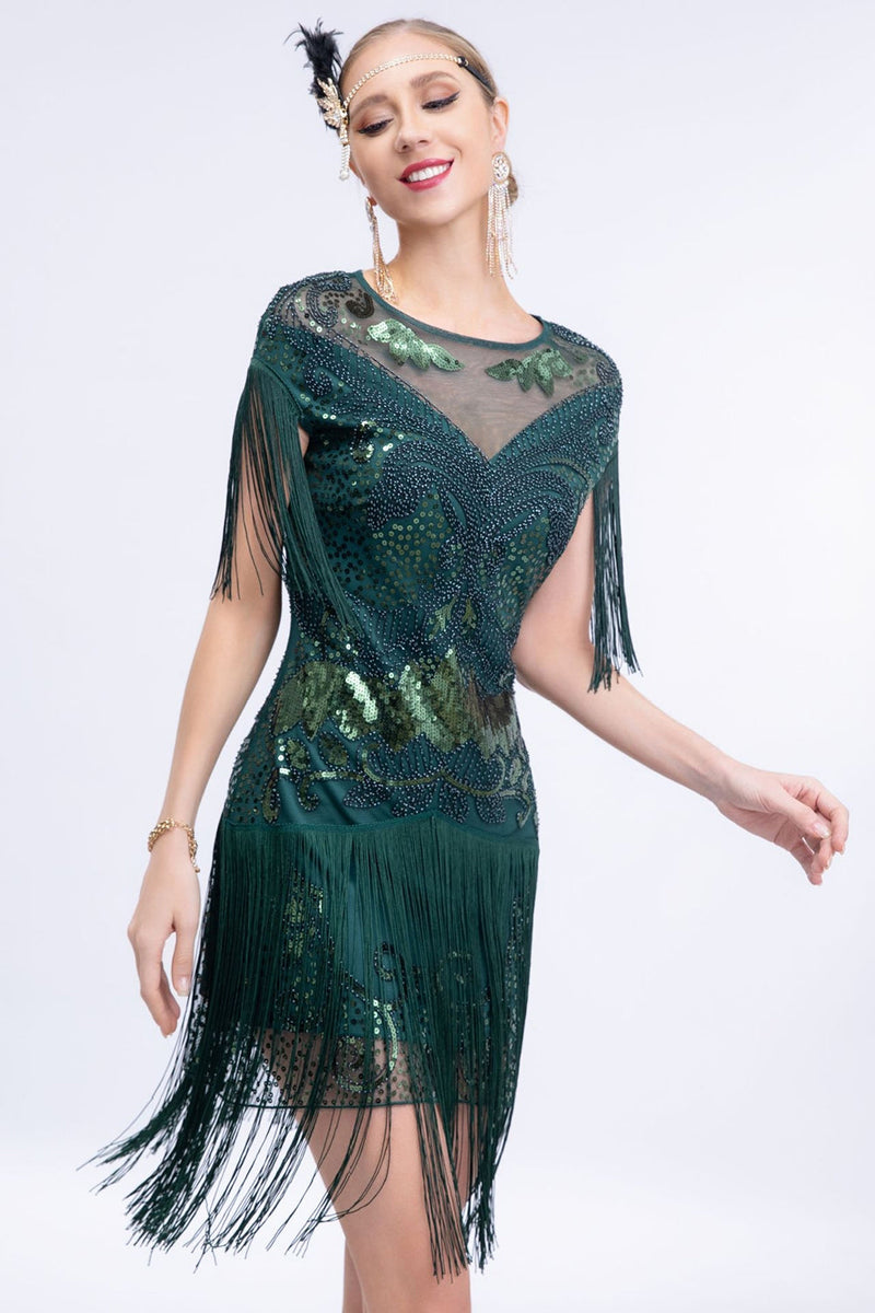 Load image into Gallery viewer, Round Neck Grey Sequined Short 1920s Flapper Dress with Fringes