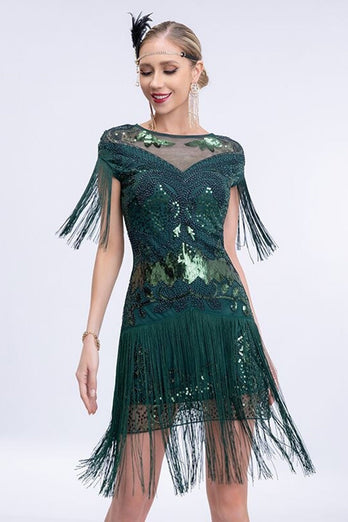 Round Neck Grey Sequined Short 1920s Flapper Dress with Fringes