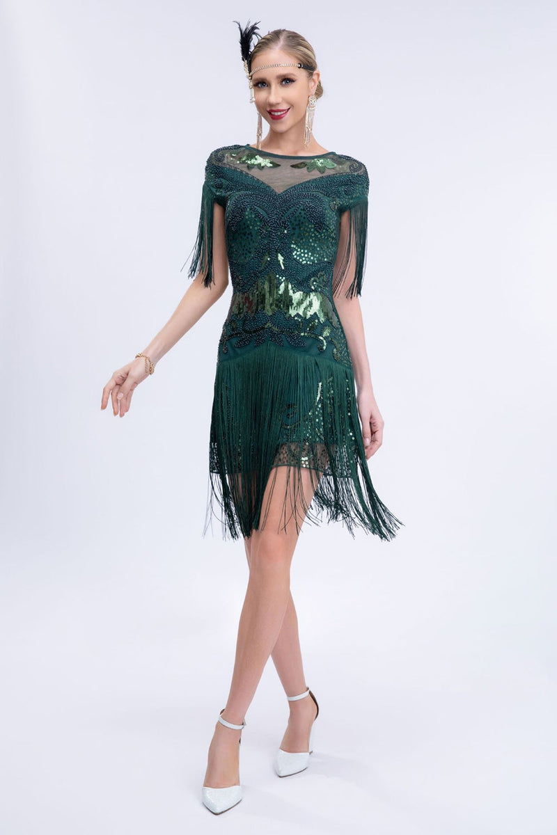 Load image into Gallery viewer, Round Neck Grey Sequined Short 1920s Flapper Dress with Fringes