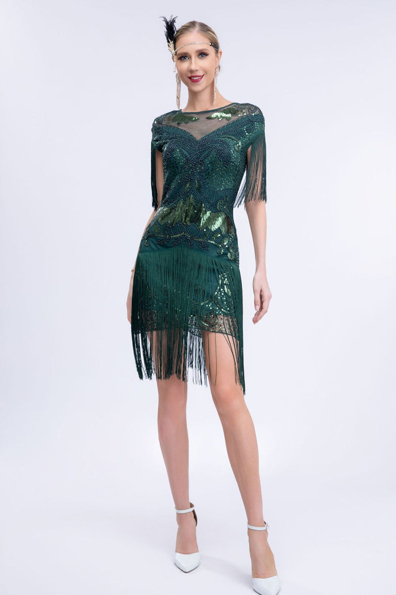 Load image into Gallery viewer, Round Neck Grey Sequined Short 1920s Flapper Dress with Fringes