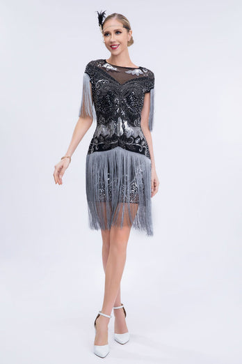 Round Neck Grey Sequined Short 1920s Flapper Dress with Fringes