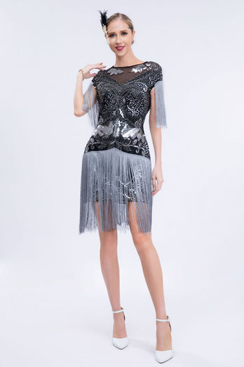 Round Neck Grey Sequined Short 1920s Flapper Dress with Fringes