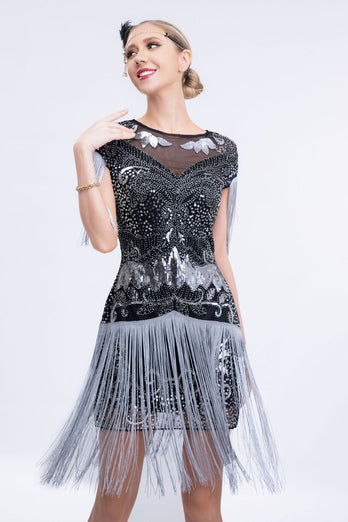 Round Neck Grey Sequined Short 1920s Flapper Dress with Fringes