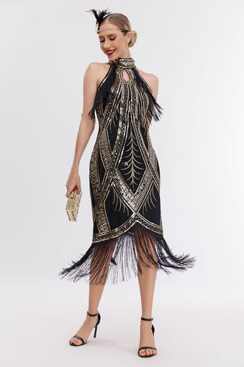 Champagne Neck Collar Fringe Halter 1920s Dress with Sequins