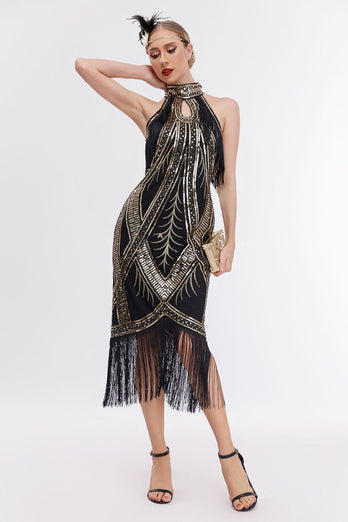 Champagne Neck Collar Fringe Halter 1920s Dress with Sequins