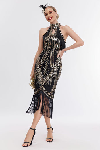 Champagne Neck Collar Fringe Halter 1920s Dress with Sequins