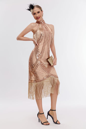 Champagne Neck Collar Fringe Halter 1920s Dress with Sequins