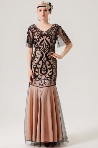 Sparkly Black Pink Long V-Neck Tulle Long 1920s Dress