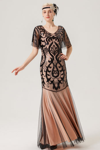 Sparkly Black Pink Long V-Neck Tulle Long 1920s Dress