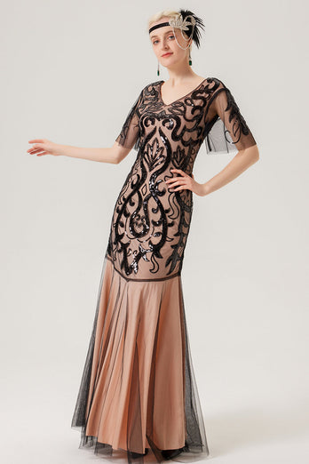 Sparkly Black Pink Long V-Neck Tulle Long 1920s Dress