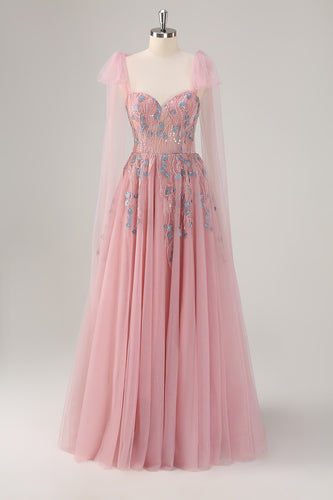 Pink Spaghetti Straps A-Line Tulle Long Prom Dress with Appliques