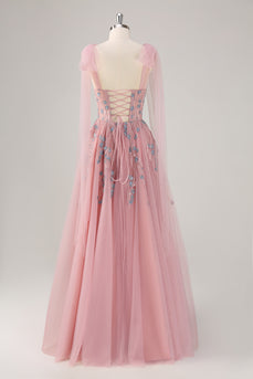 Pink Spaghetti Straps A-Line Tulle Long Prom Dress with Appliques