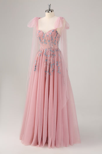 Pink Spaghetti Straps A-Line Tulle Long Prom Dress with Appliques