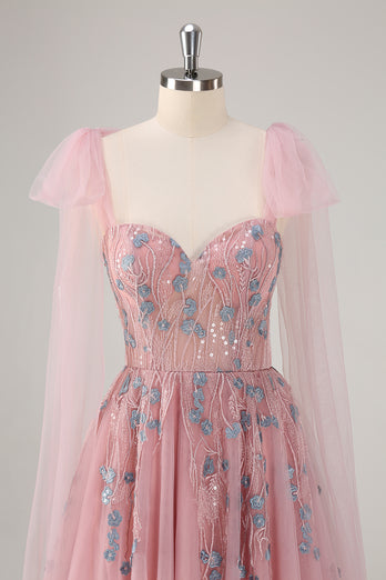 Pink Spaghetti Straps A-Line Tulle Long Prom Dress with Appliques