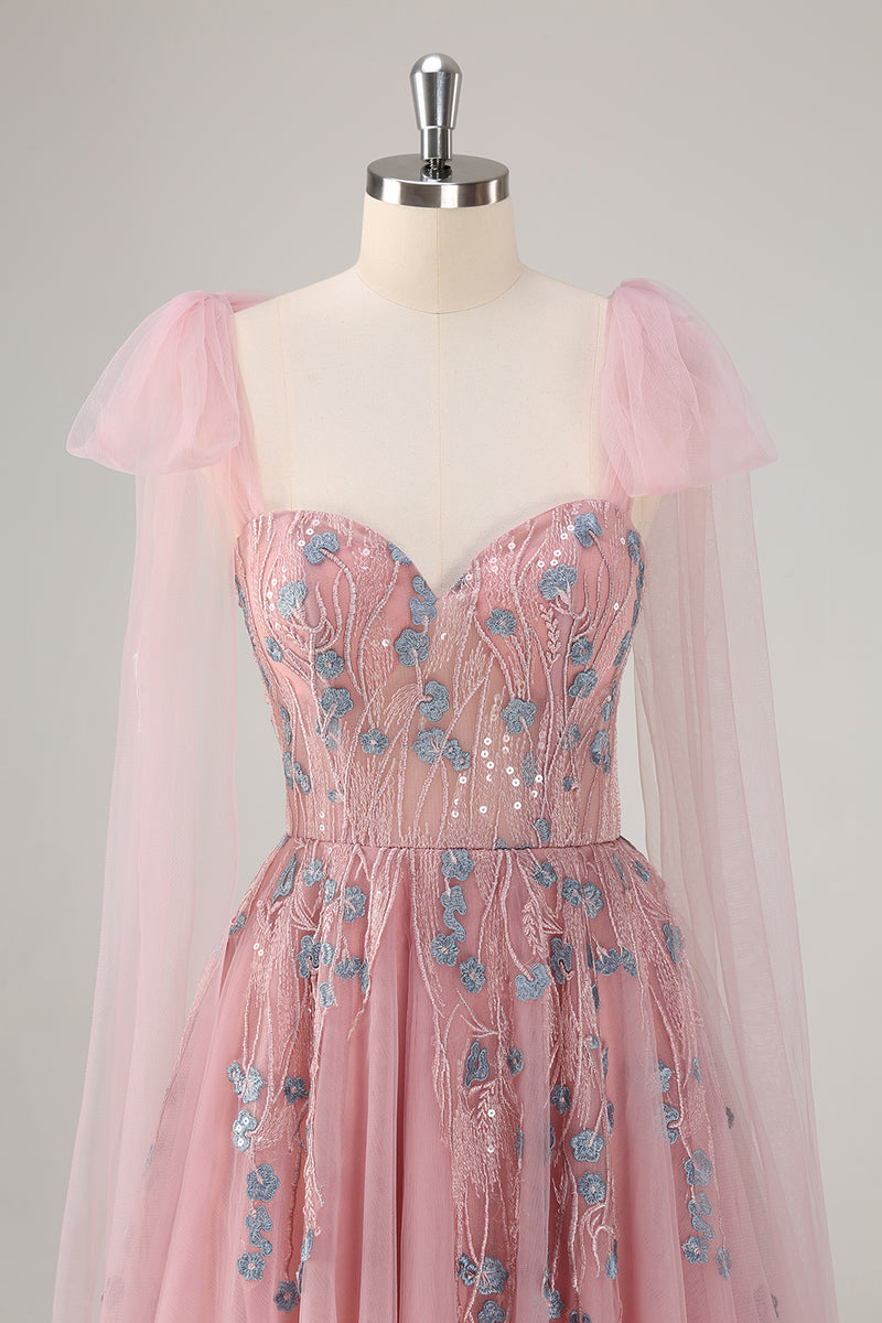 Load image into Gallery viewer, Pink Spaghetti Straps A-Line Tulle Long Prom Dress with Appliques