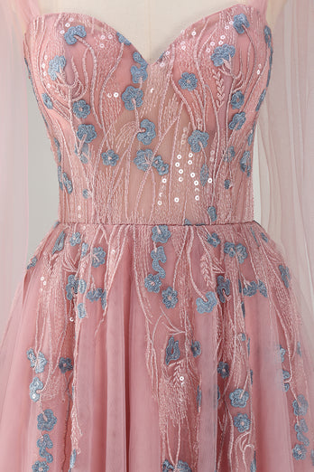 Pink Spaghetti Straps A-Line Tulle Long Prom Dress with Appliques