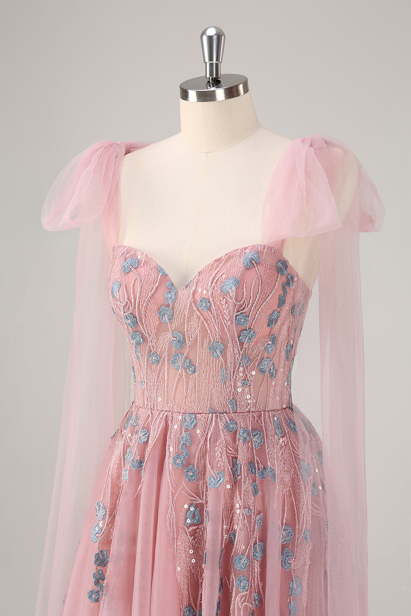 Load image into Gallery viewer, Pink Spaghetti Straps A-Line Tulle Long Prom Dress with Appliques