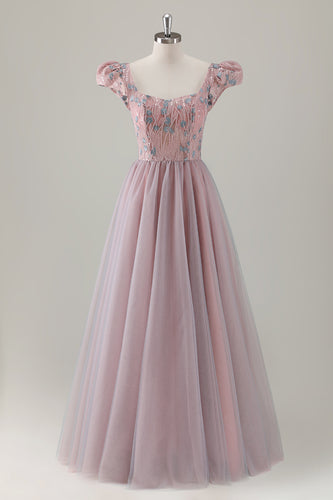 Grey Pink A-Line Square Beaded Long Prom Dress with Appliques