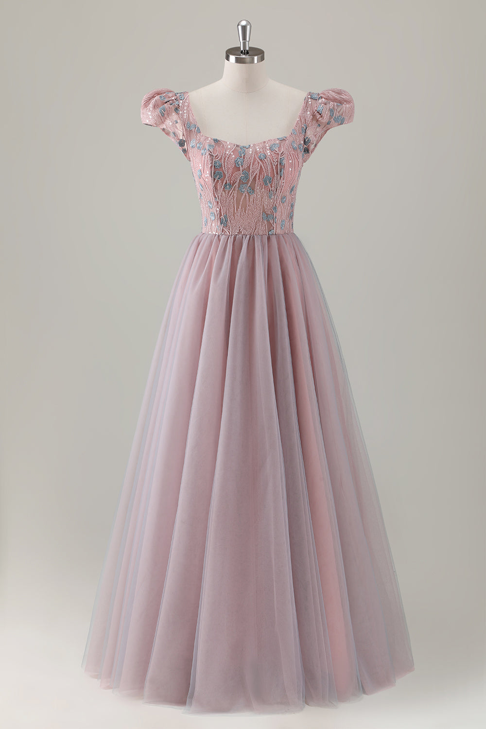 Grey Pink A-Line Square Beaded Long Prom Dress with Appliques