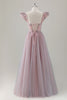 Load image into Gallery viewer, Grey Pink A-Line Square Beaded Long Prom Dress with Appliques