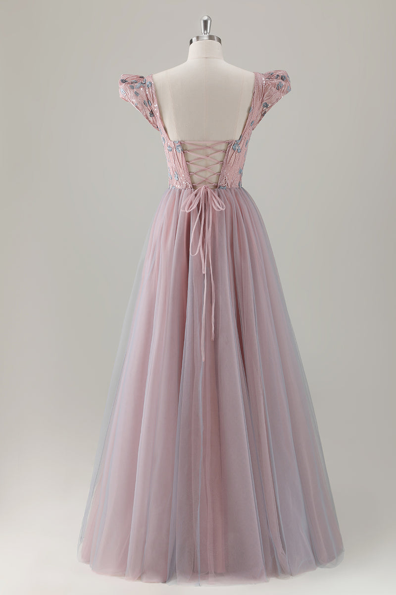 Load image into Gallery viewer, Grey Pink A-Line Square Beaded Long Prom Dress with Appliques