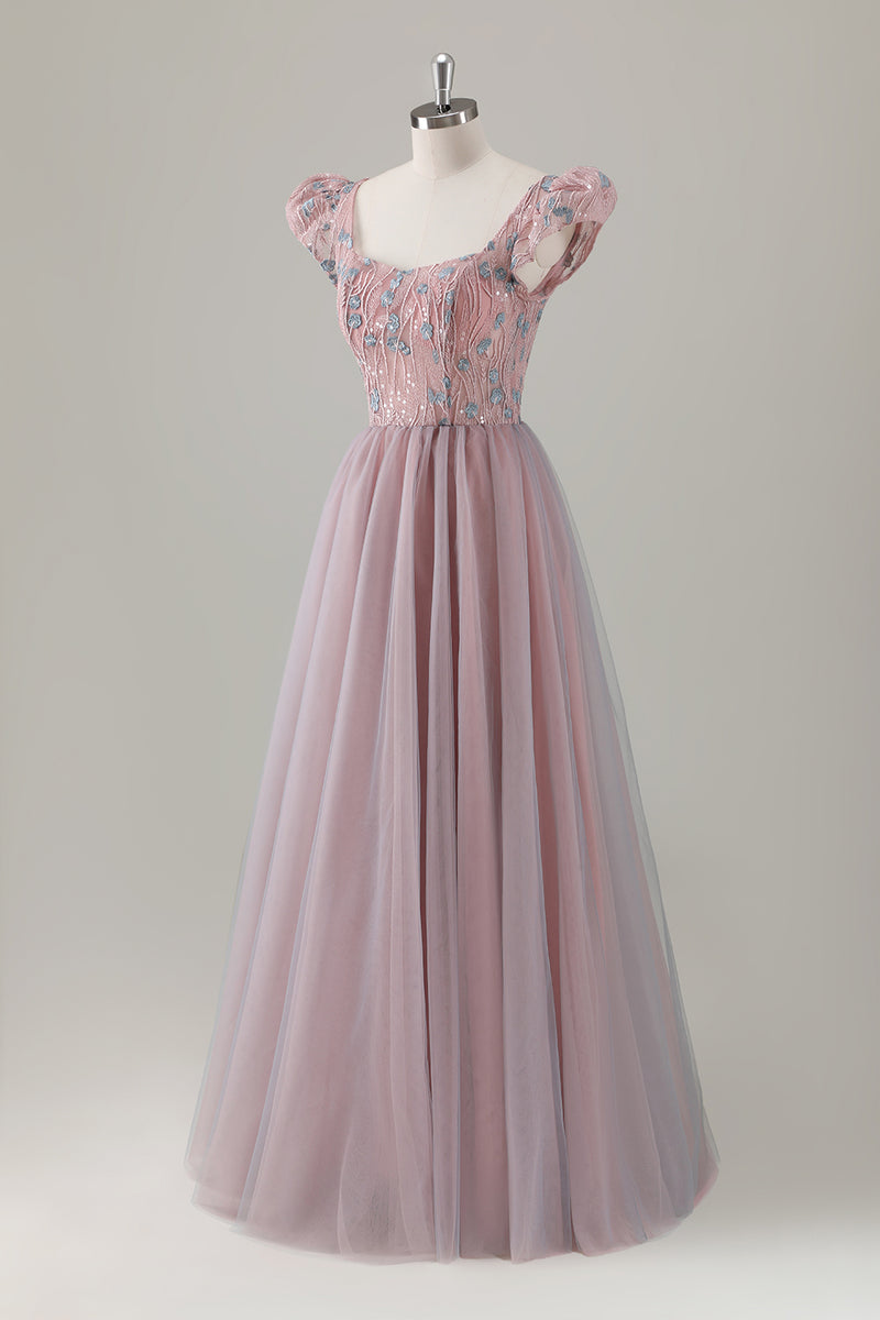 Load image into Gallery viewer, Grey Pink A-Line Square Beaded Long Prom Dress with Appliques