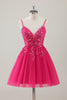 Load image into Gallery viewer, Fuchsia A-Line Spaghetti Straps Appliqued Homecoming Dress with Sequins