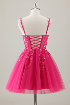 Fuchsia A-Line Spaghetti Straps Appliqued Homecoming Dress with Sequins