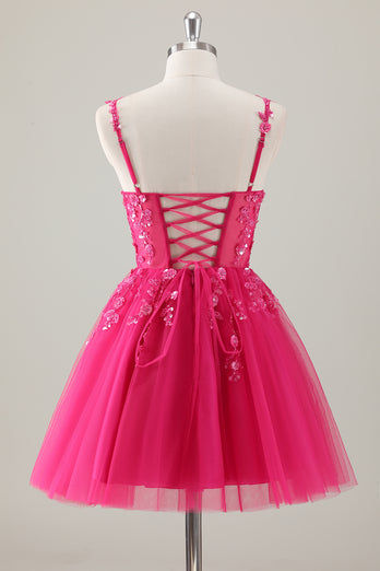 Fuchsia A-Line Spaghetti Straps Appliqued Homecoming Dress with Sequins